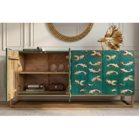Buffet bas GOLDEN LAGOON 180cm manguier turquoise et doré