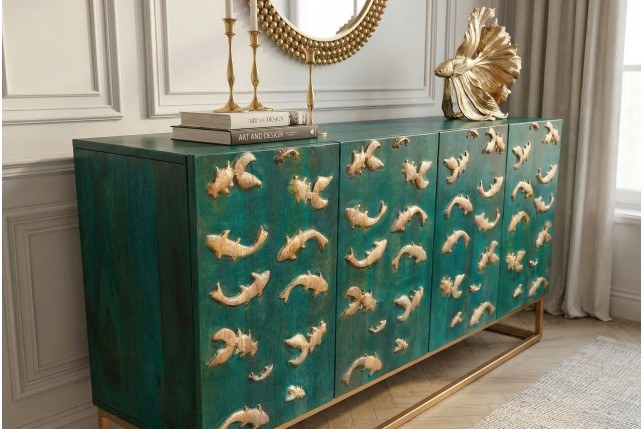 Buffet bas GOLDEN LAGOON 180cm manguier turquoise et doré