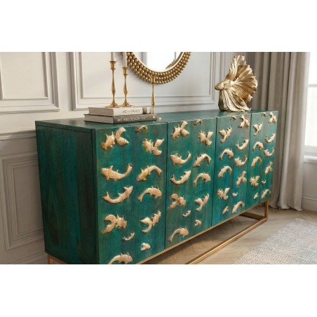 Buffet bas GOLDEN LAGOON 180cm manguier turquoise et doré