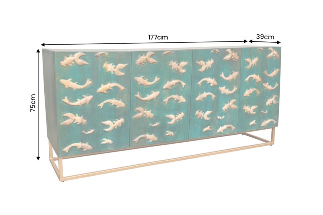 Buffet bas GOLDEN LAGOON 180cm manguier turquoise et doré