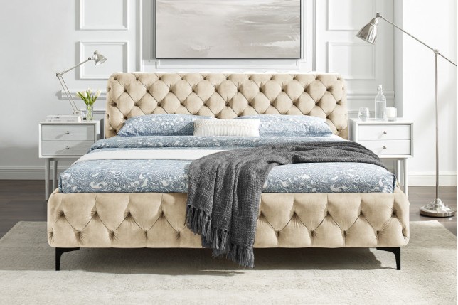 Lit MODERN BAROCK 180x200 velours champagne Chesterfield