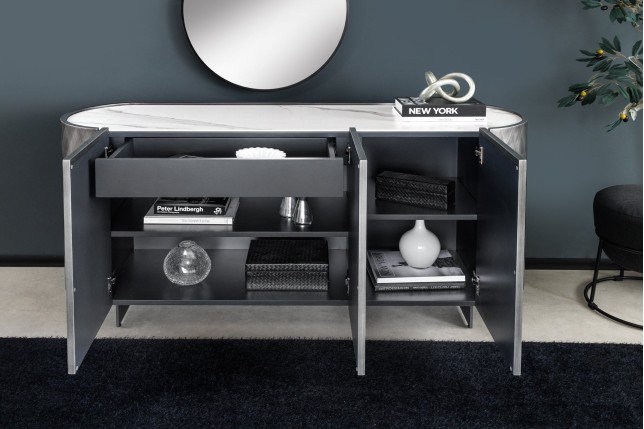 Buffet bas REFLECTION 150cm Anthracite & Marbre Blanc