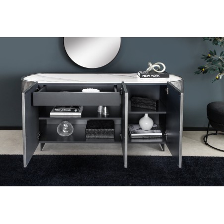 Buffet bas REFLECTION 150cm Anthracite & Marbre Blanc