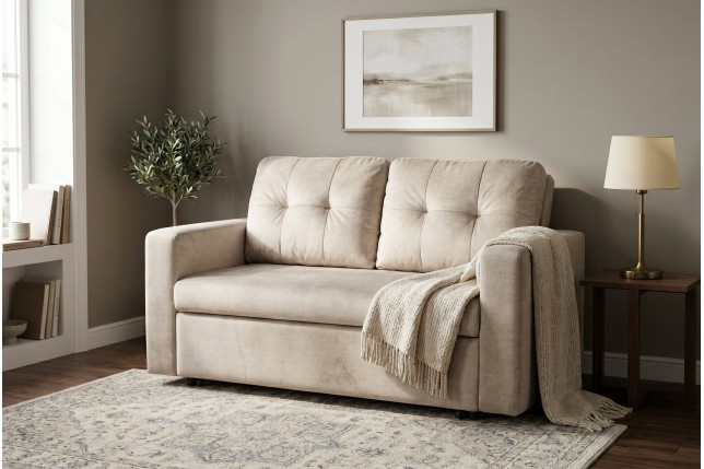 Canapé-lit SMART 140cm velours champagne beige - 2 places