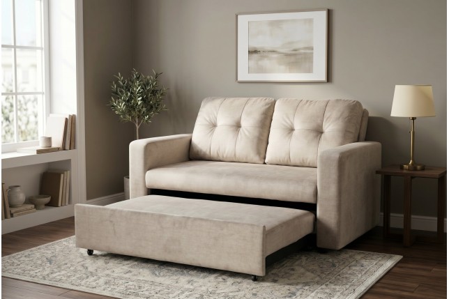 Canapé-lit SMART 140cm velours champagne beige - 2 places