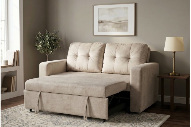 Canapé-lit SMART 140cm velours champagne beige - 2 places