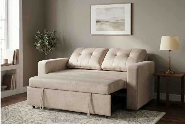 Canapé-lit SMART 140cm velours champagne beige - 2 places