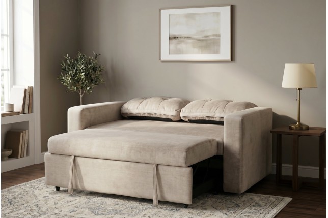 Canapé-lit SMART 140cm velours champagne beige - 2 places