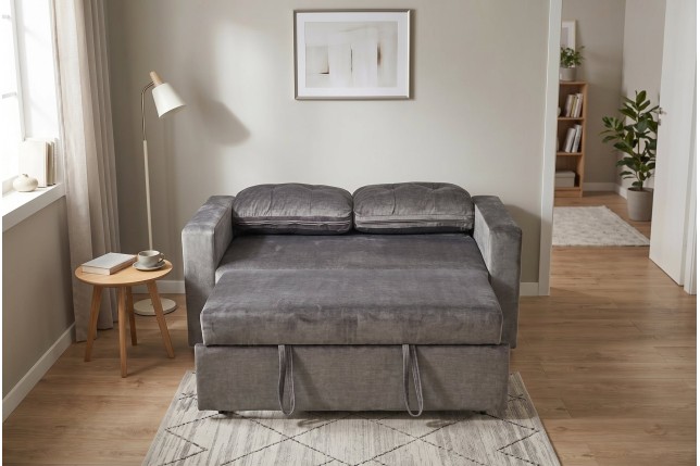 Canapé-lit SMART 140cm velours gris - Convertible 2 places