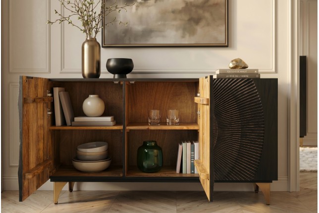 Buffet bas GOLDEN SUNSET 140cm manguier noir et doré