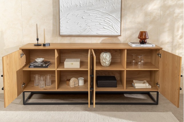 Buffet bas GRANDEZZA 180cm chêne et métal noir