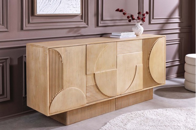 Buffet bas Art Deco 170cm manguier massif blanc patiné