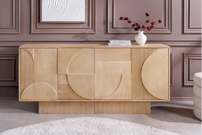 Buffet bas Art Deco 170cm manguier massif blanc patiné