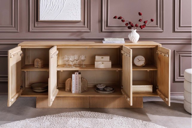 Buffet bas Art Deco 170cm manguier massif blanc patiné