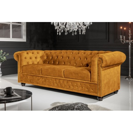Canapé Chesterfield 3 places velours jaune moutarde 205cm