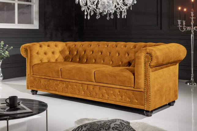 Canapé Chesterfield 3 places velours jaune moutarde 205cm
