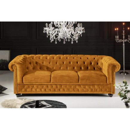 Canapé Chesterfield 3 places velours jaune moutarde 205cm 2