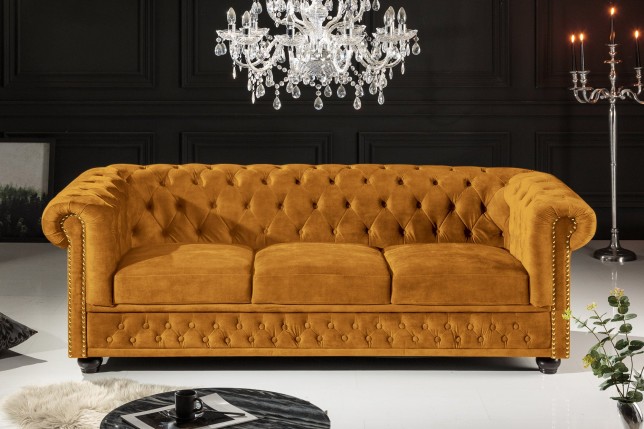 Canapé Chesterfield 3 places velours jaune moutarde 205cm