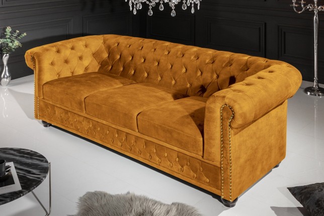 Canapé Chesterfield 3 places velours jaune moutarde 205cm