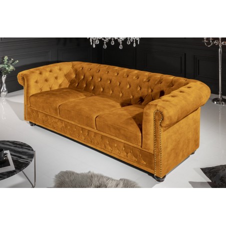 Canapé Chesterfield 3 places velours jaune moutarde 205cm
