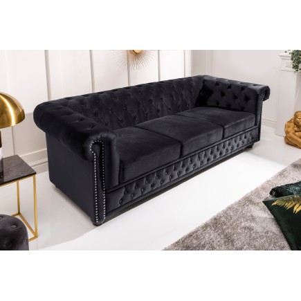 Canapé Chesterfield 205cm Velours Noir 3 Places
