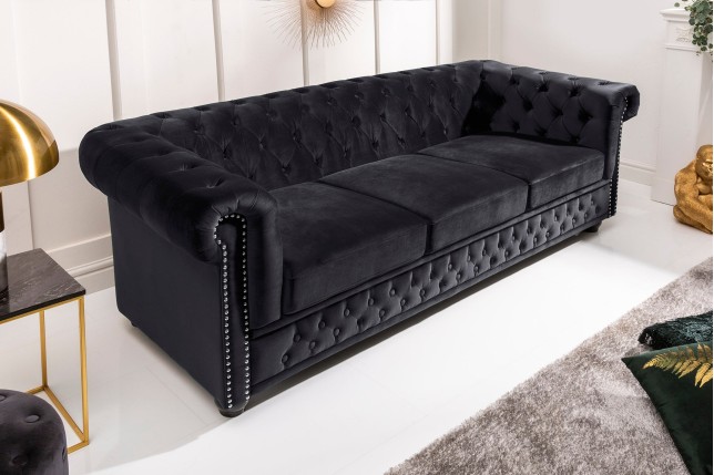 Canapé Chesterfield 205cm Velours Noir 3 Places