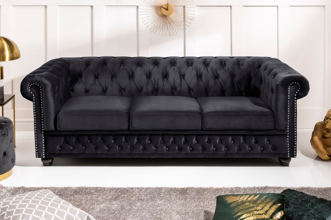Canapé Chesterfield 205cm Velours Noir 3 Places