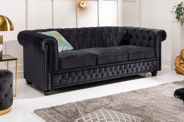 Canapé Chesterfield 205cm Velours Noir 3 Places