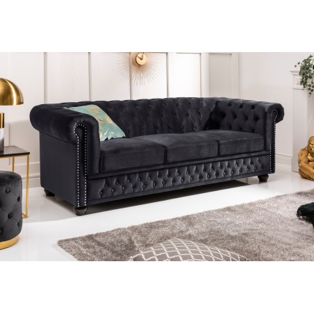 Canapé Chesterfield 205cm Velours Noir 3 Places