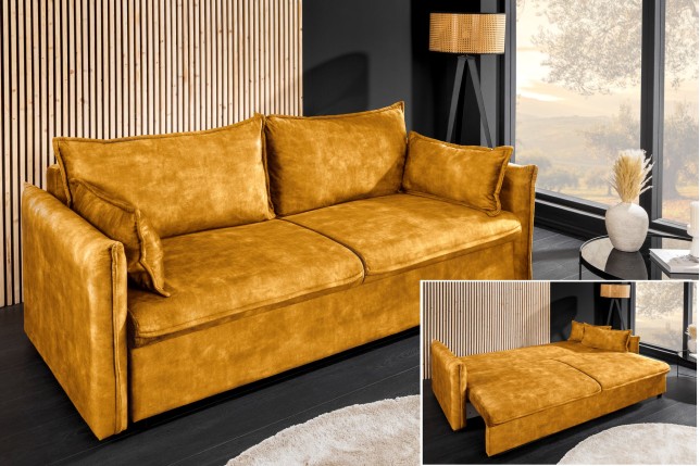 Canapé-lit APARTMENT 215cm 3 places velours jaune moutarde