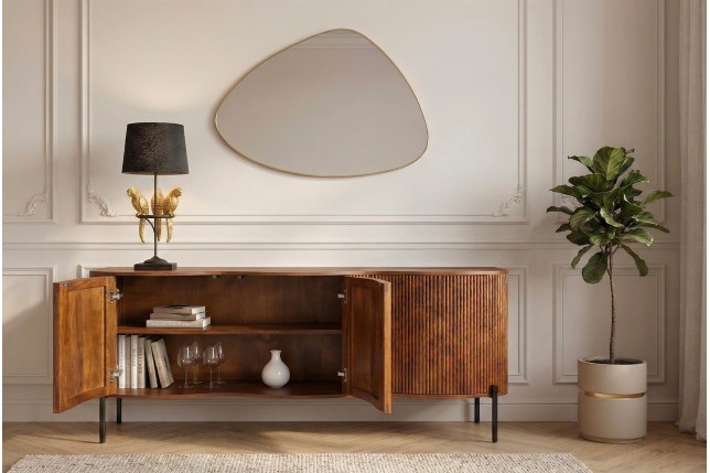 Buffet bas GRANDEUR 180cm manguier rétro pieds métal noir