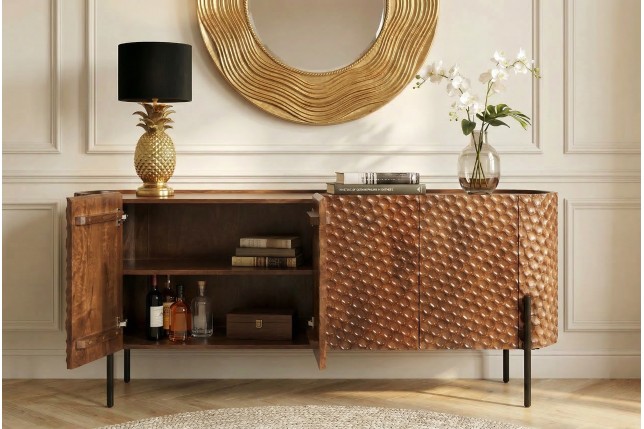 Buffet bas ADLON 180cm manguier brun pieds métal noir