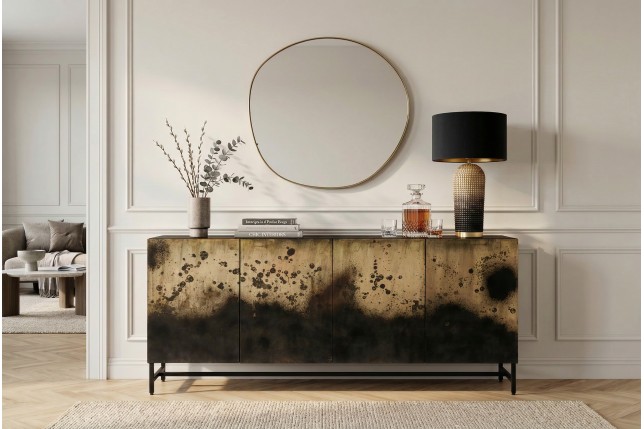 Buffet bas OXID 180cm manguier massif et métal noir doré