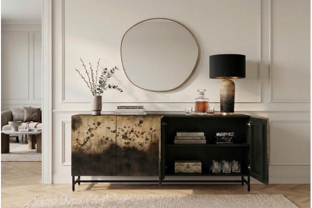 Buffet bas OXID 180cm manguier massif et métal noir doré