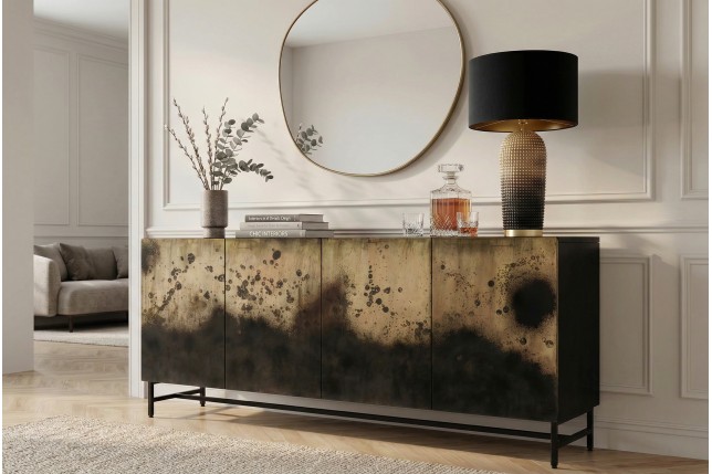 Buffet bas OXID 180cm manguier massif et métal noir doré
