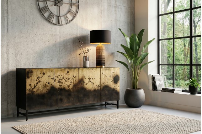 Buffet bas OXID 180cm manguier massif et métal noir doré