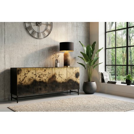 Buffet bas OXID 180cm manguier massif et métal noir doré