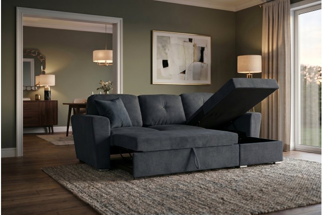 Canapé-lit APARTMENT 3 places tissu gris - Pouf & rangement
