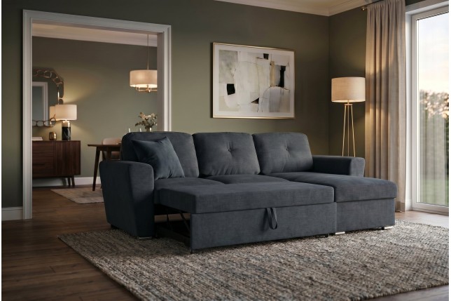 Canapé-lit APARTMENT 3 places tissu gris - Pouf & rangement