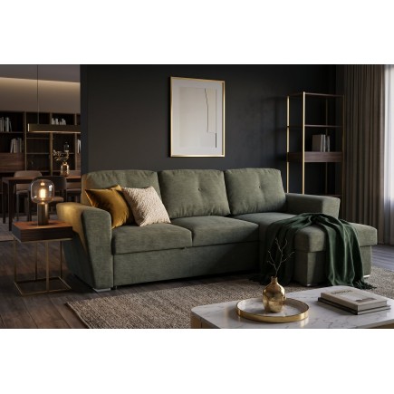 Canapé-lit APARTMENT 3 places tissu vert avec pouf