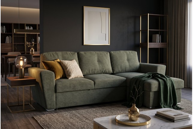 Canapé-lit APARTMENT 3 places tissu vert avec pouf