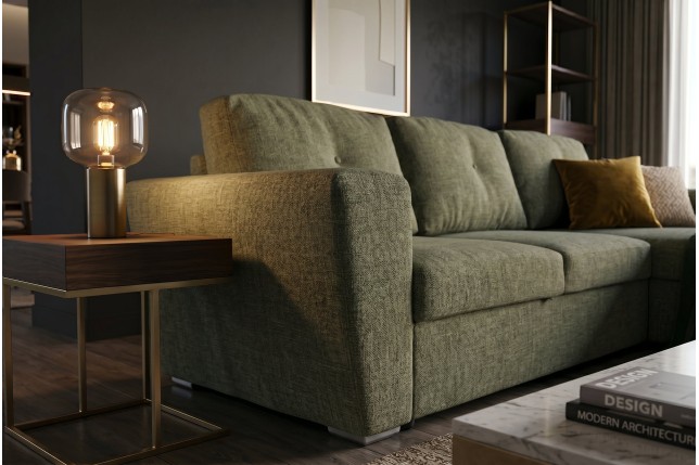 Canapé-lit APARTMENT 3 places tissu vert avec pouf