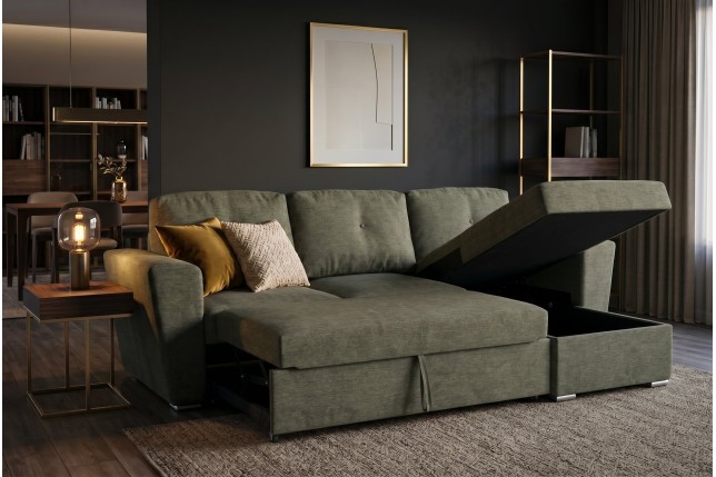 Canapé-lit APARTMENT 3 places tissu vert avec pouf