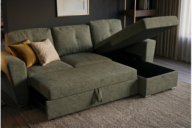 Canapé-lit APARTMENT 3 places tissu vert avec pouf
