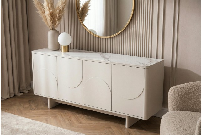 Buffet bas SAVOY 180cm - Plateau céramique marbre blanc