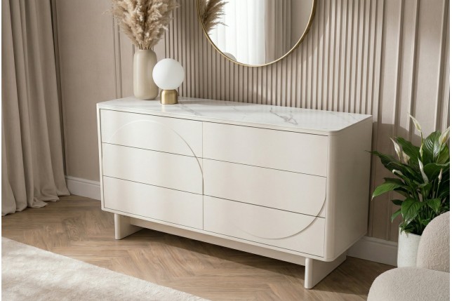 Buffet bas SAVOY 150cm blanc 3D plateau céramique marbre