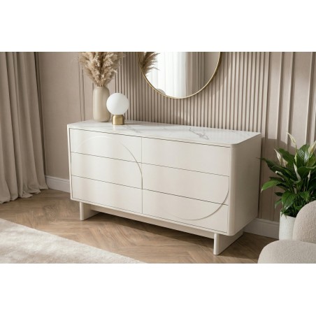 Buffet bas SAVOY 150cm blanc 3D plateau céramique marbre