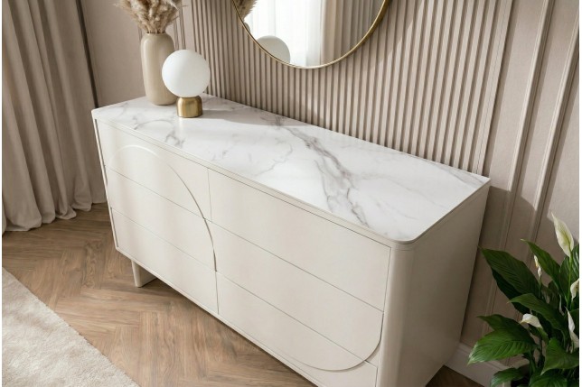 Buffet bas SAVOY 150cm blanc 3D plateau céramique marbre