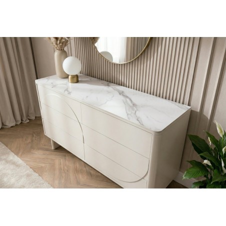 Buffet bas SAVOY 150cm blanc 3D plateau céramique marbre