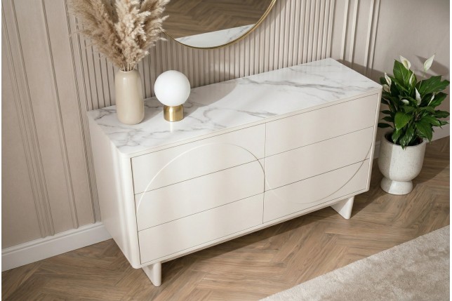 Buffet bas SAVOY 150cm blanc 3D plateau céramique marbre